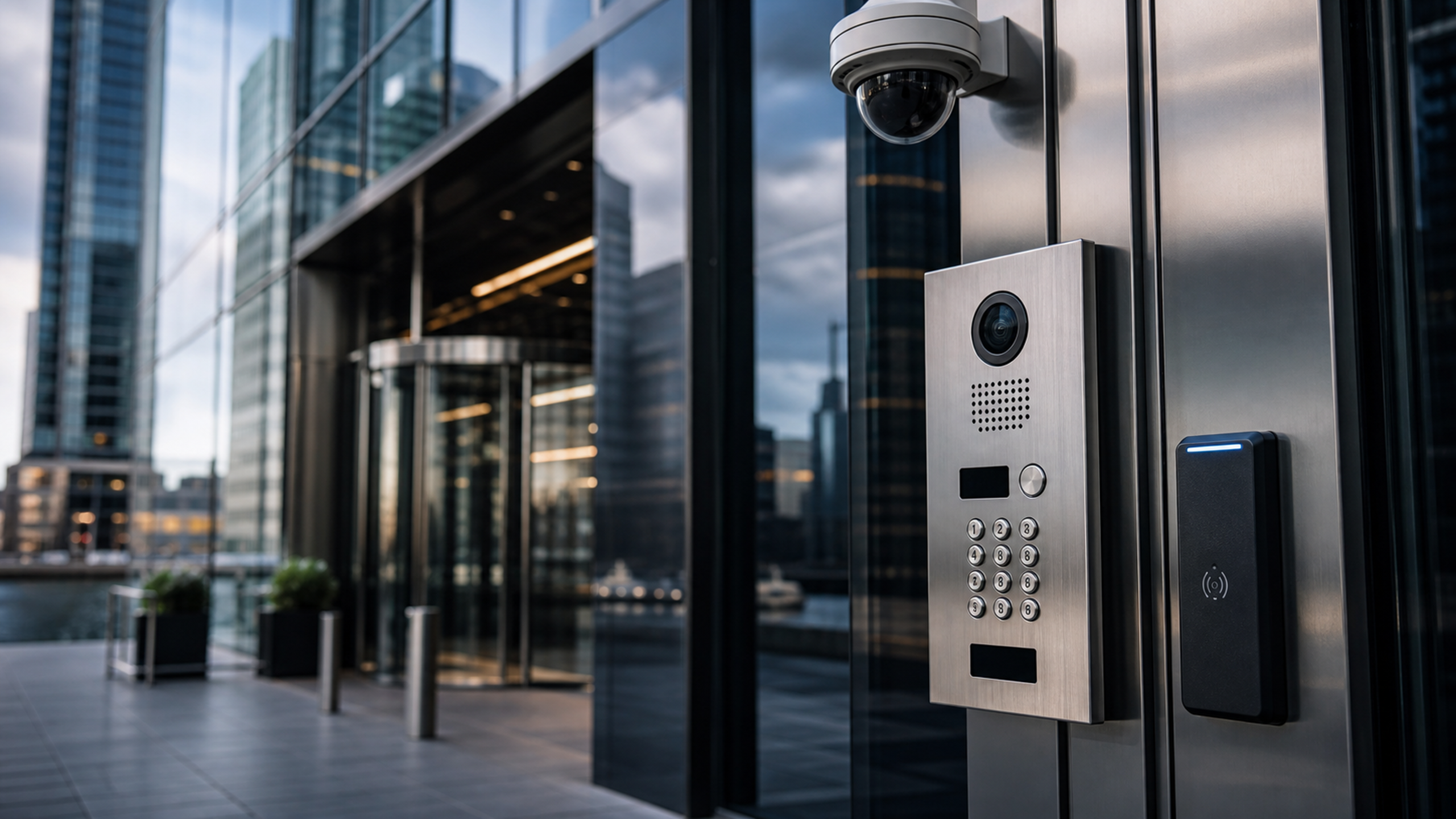 Modern security camera, intercom, and access reader on a London commercial building.