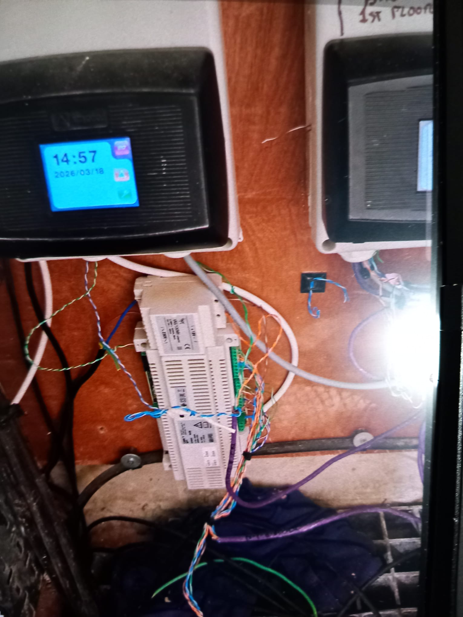 Intercom equipment board and connected cabling.