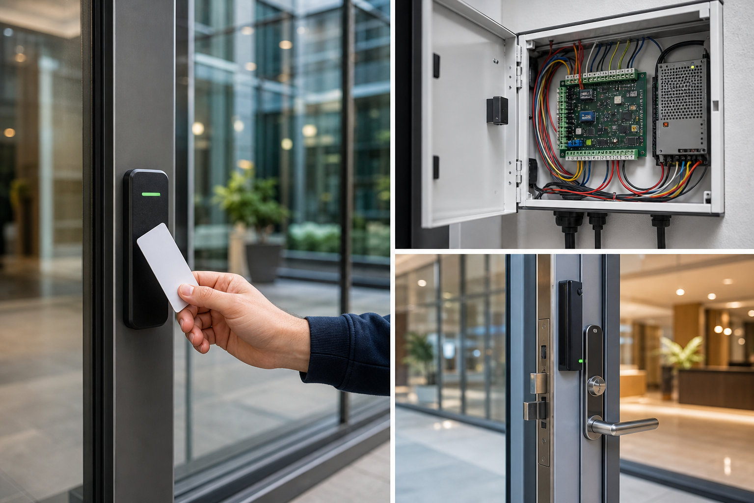 Colour photo-style access control reader, controller, and electronic lock installation.