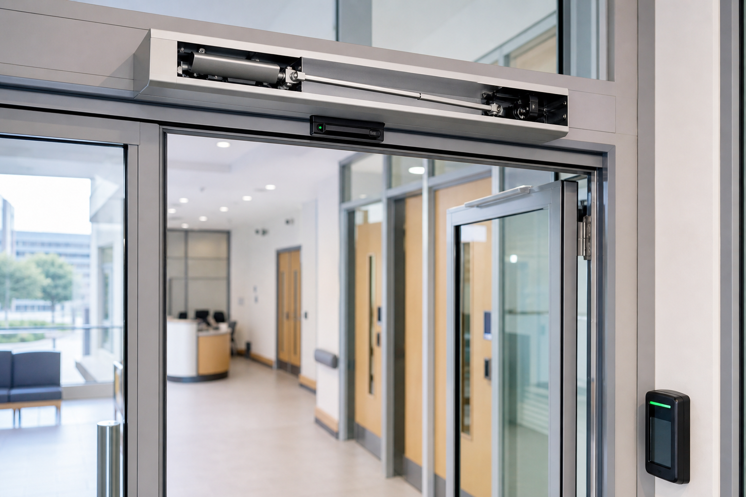 Colour photo-style automatic swing door operator and BEA sensor service scene.