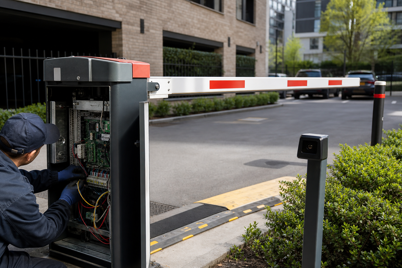 Colour photo-style car park barrier service and control cabinet scene.