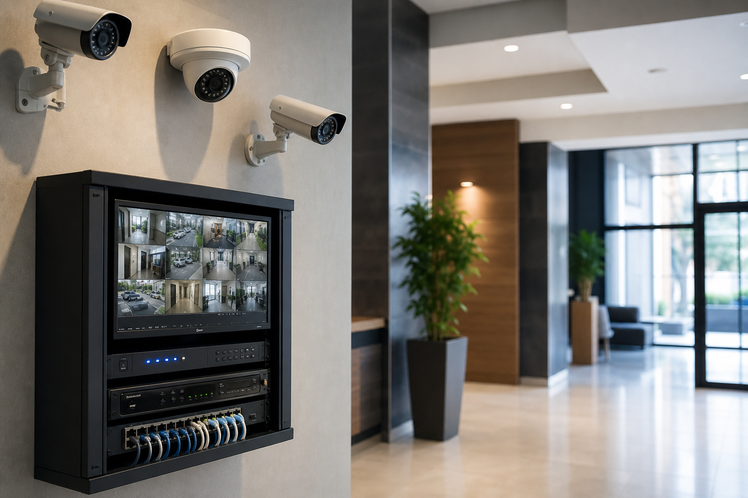 Colour photo-style CCTV system with cameras, recording equipment, and monitor.